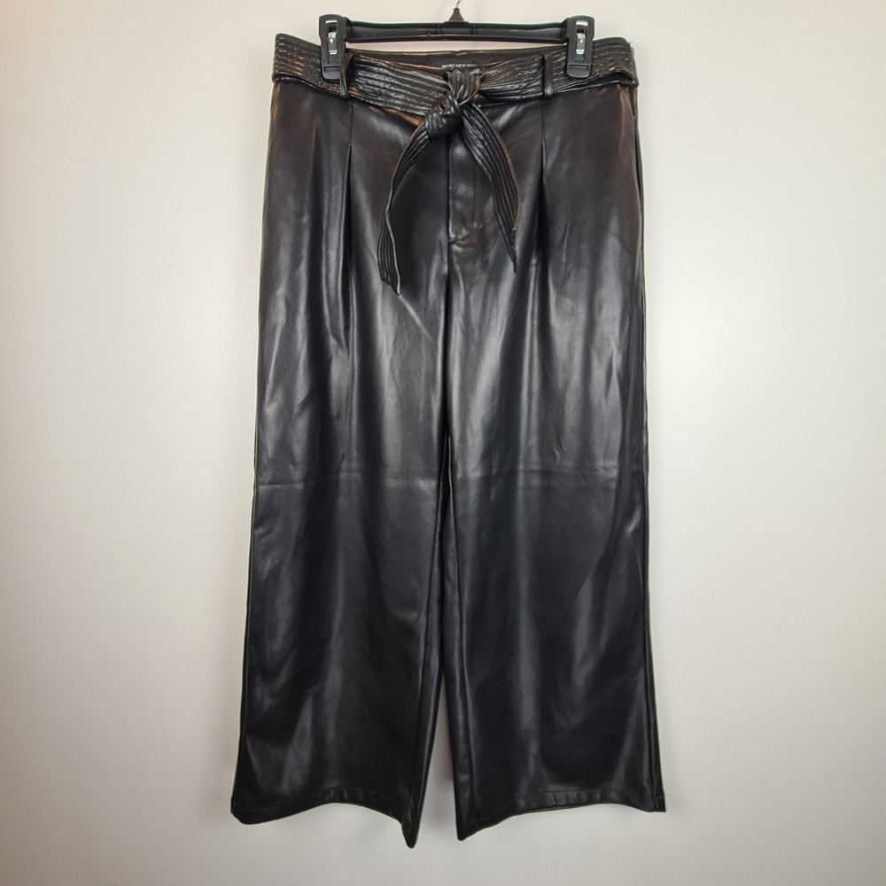 Marc‎ New York Andrew Marc Black Faux Leather Wide Leg Pants Tie Waist Size 10